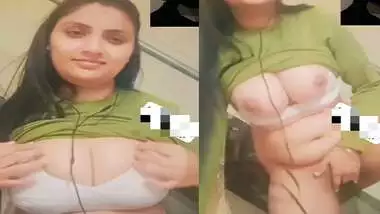Standing fingering in nude by busty Indian girlfriend