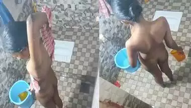 Young maid nude bath and drying her body with towel